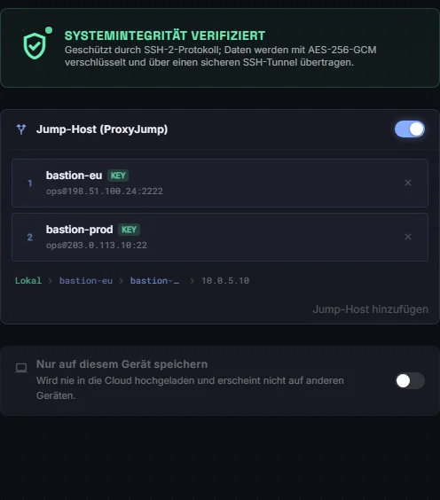 Verbindungseinstellungen von pg-primary mit zweistufiger Jump-Host-Kette: erst bastion-eu, dann bastion-prod