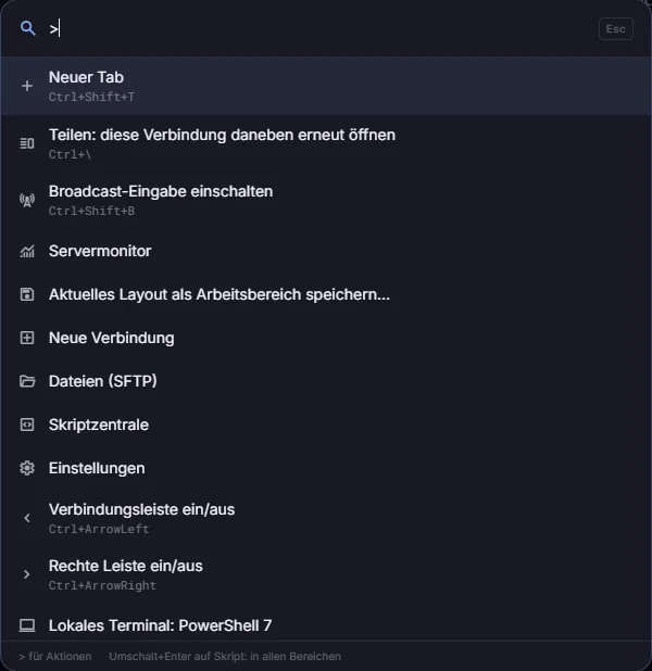 Befehlspalette mit Aktionen wie neuer Tab, Teilen, Broadcast-Eingabe und Server-Monitor