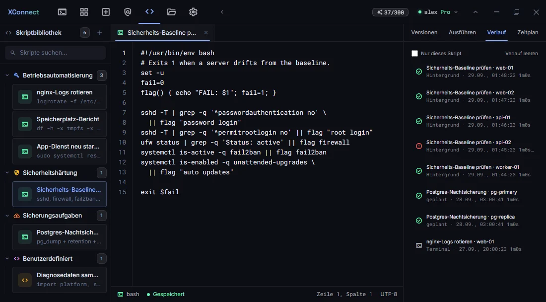 Script-Center mit einem Sicherheits-Baseline-Skript und seiner Laufhistorie: vier Server bestanden, api-02 scheiterte mit Exit-Code 1