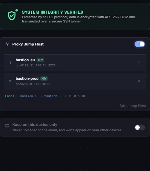 Connection settings for pg-primary with a two-hop jump host chain: bastion-eu, then bastion-prod