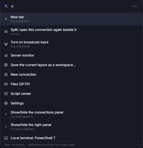 Command palette listing actions such as new tab, split, broadcast input and server monitor