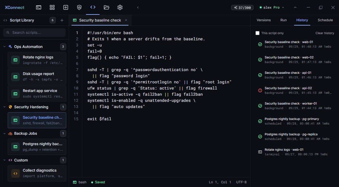 Script center with a security baseline script and its run history: four servers passed, api-02 failed with exit code 1