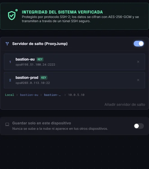 Ajustes de conexión de pg-primary con una cadena de dos saltos: primero bastion-eu y luego bastion-prod