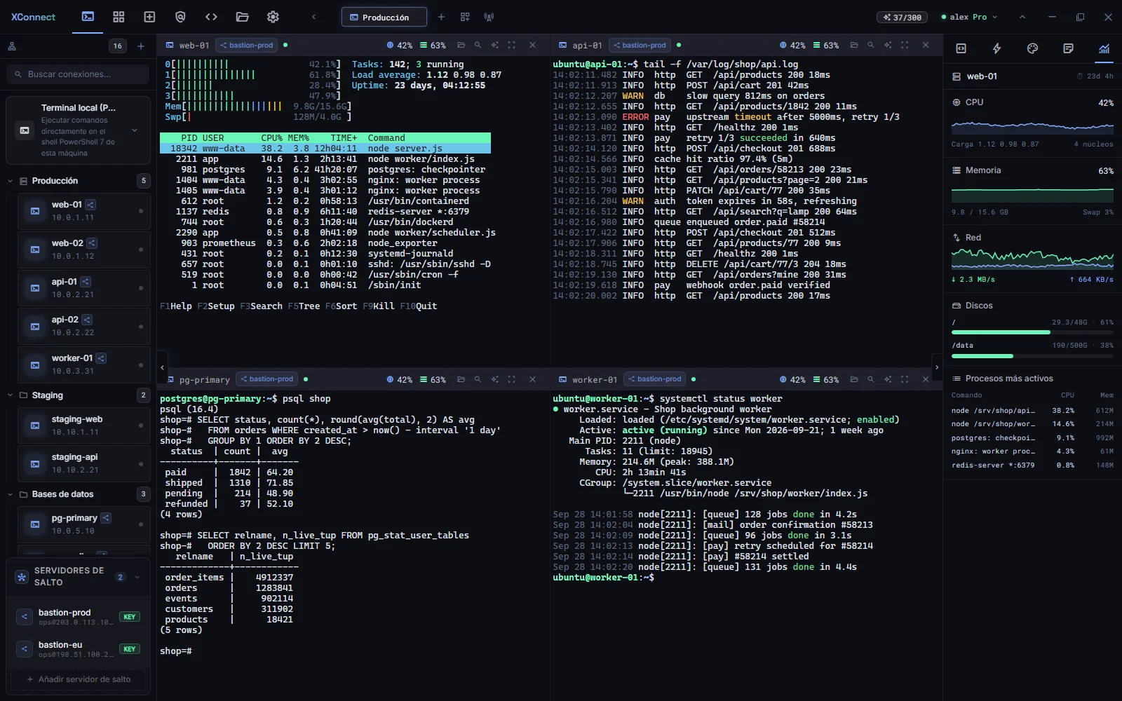 App de escritorio de XConnect con cuatro paneles SSH (htop, registro de la API, psql, estado de systemd) y un monitor en vivo de CPU, memoria, red y discos