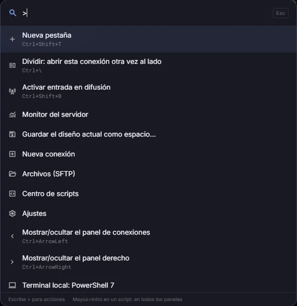 Paleta de comandos con acciones como nueva pestaña, dividir, entrada en difusión y monitor del servidor