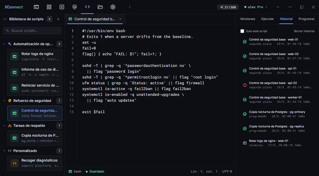 Centro de scripts con un script de control de seguridad y su historial: cuatro servidores correctos y api-02 fallido con código 1