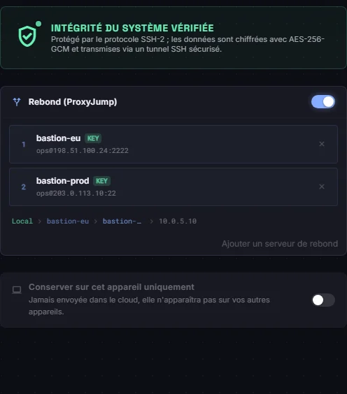 Réglages de connexion de pg-primary avec une chaîne de deux rebonds : bastion-eu puis bastion-prod