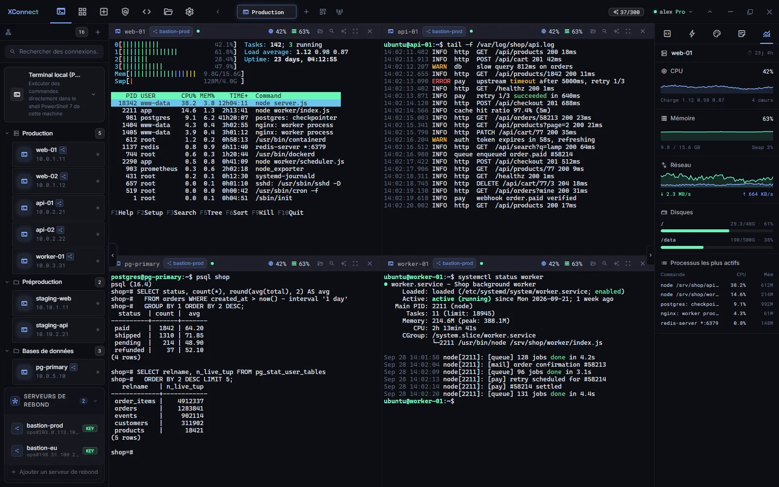Application de bureau XConnect avec quatre volets SSH (htop, journal d'API, psql, état systemd) et un moniteur en direct du CPU, de la mémoire, du réseau et des disques