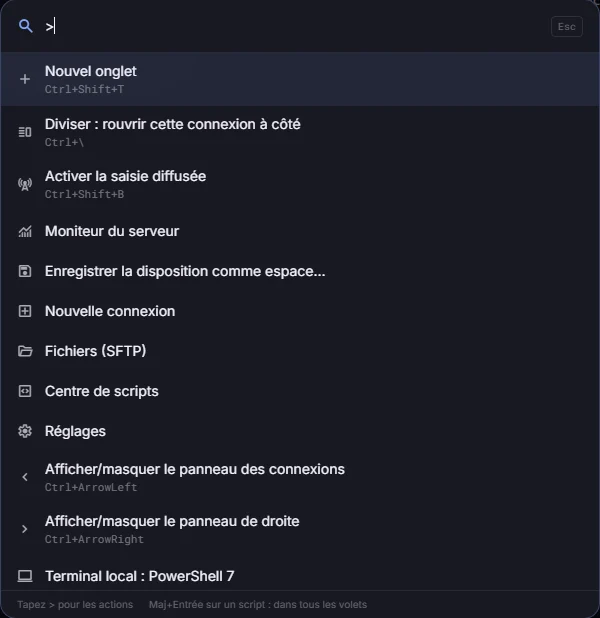 Palette de commandes listant des actions comme nouvel onglet, partage, saisie diffusée et moniteur de serveur