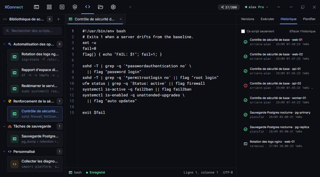 Centre de scripts avec un script de contrôle de sécurité et son historique : quatre serveurs réussis, api-02 en échec avec le code 1