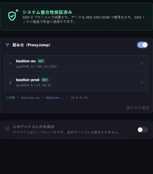 pg-primary の接続設定。bastion-eu、bastion-prod の順に経由する 2 段の踏み台