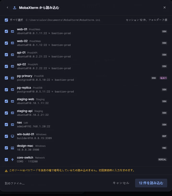 12 件の MobaXterm セッション（SSH、RDP、VNC、シリアル）をフォルダーと踏み台つきで一覧するインポート画面