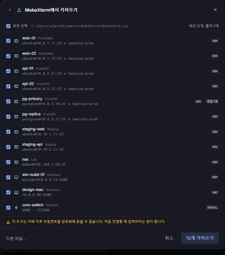 폴더와 점프 호스트가 포함된 MobaXterm 세션 12개(SSH, RDP, VNC, 시리얼)를 보여 주는 가져오기 화면