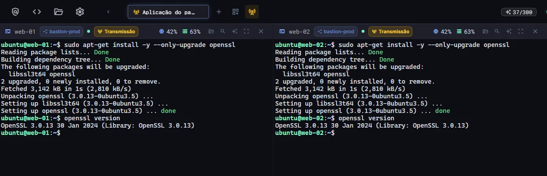 Quatro painéis de terminal com transmissão ligada executando a mesma atualização do openssl