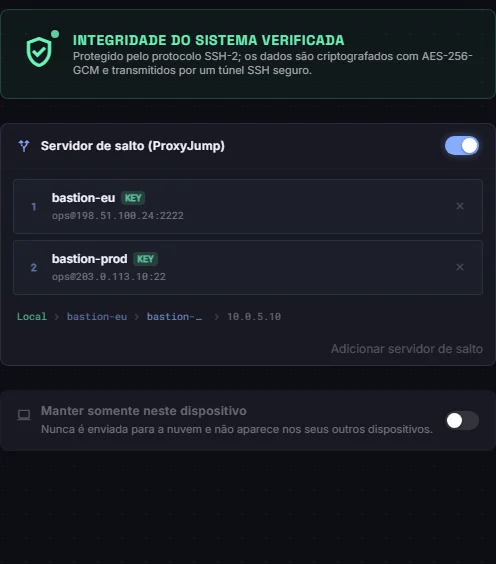Configuração de conexão do pg-primary com uma cadeia de dois saltos: primeiro bastion-eu, depois bastion-prod