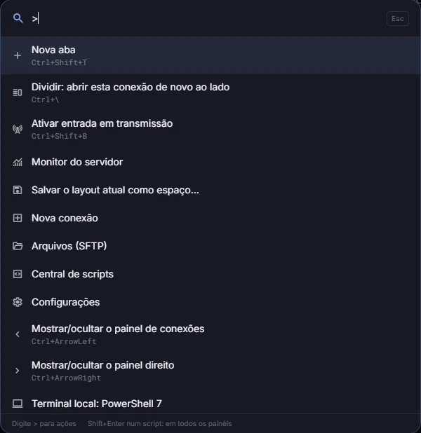 Paleta de comandos com ações como nova aba, dividir, entrada em transmissão e monitor do servidor