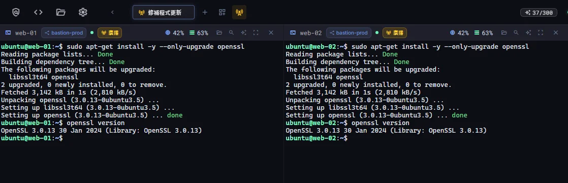 四個開啟廣播的終端機窗格，同時執行相同的 openssl 升級