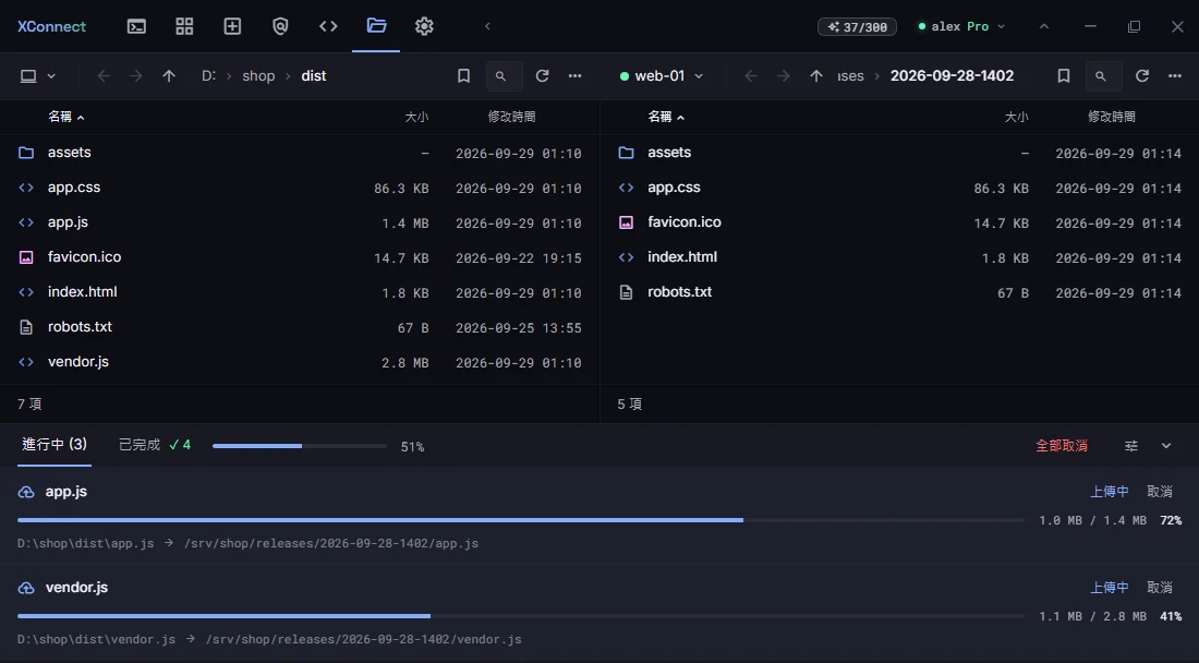 雙欄 SFTP：本機 dist 資料夾與 web-01 上的發佈資料夾並排，app.js 和 vendor.js 正在上傳